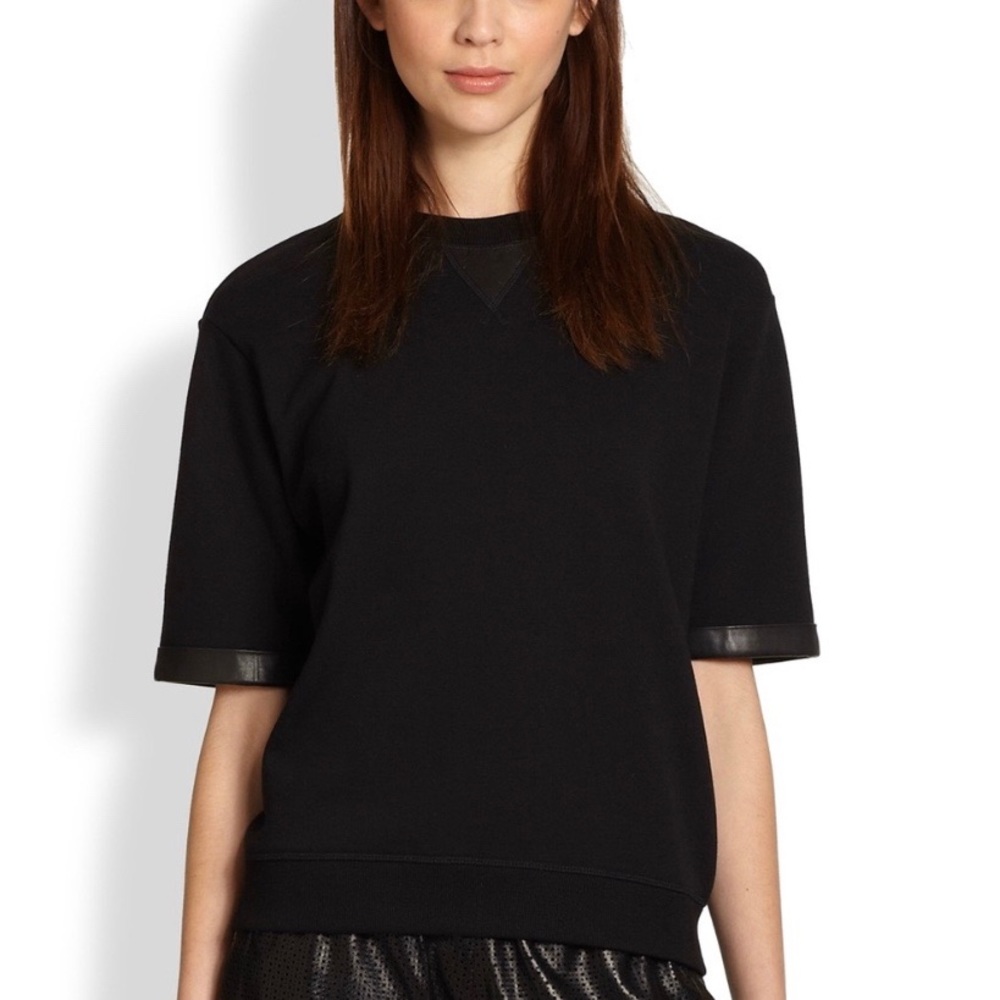 Vince Black Short-Sleeve Sweatshirt with Leather Trim
